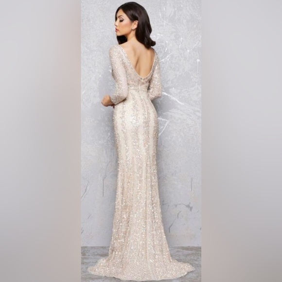 Mac Duggal 4247 / 4247D NWT Three-Quarter Sleeve Embellished Gown in Nude - Picture 2 of 6